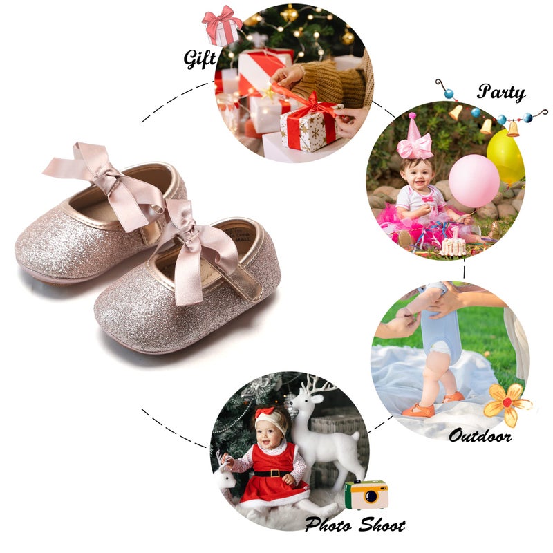Felix & Flora Infant Baby Girls Shoes Soft Rubber Sole Princess Dress Shoes Baby Walking Shoes(Infant/Toddler)(12-18 Months Infant,Glitter Pink) - Image 5